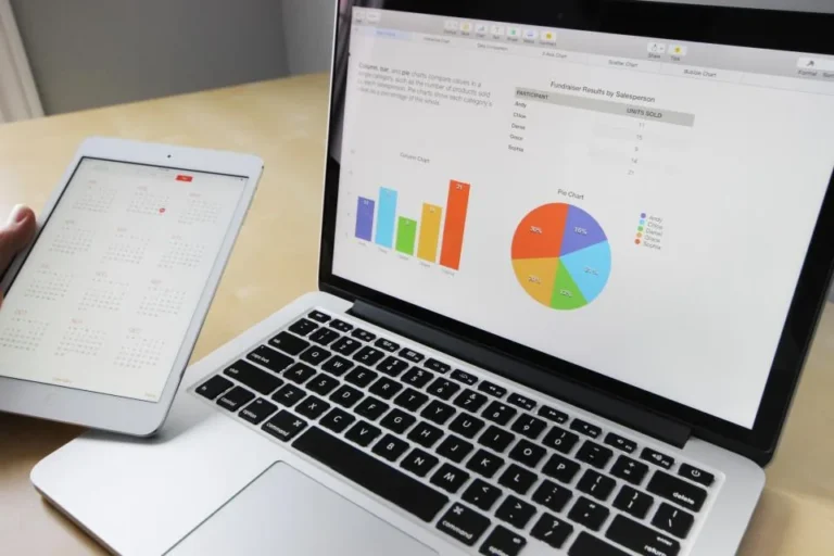 Laptop and tablet with business analytics charts